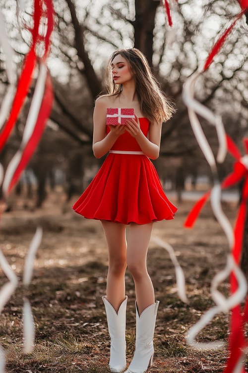 A woman wearing a bright red A-line dress with white cowboy boots, holding a Valentine’s Day gift box 