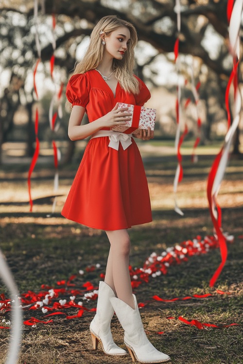 A woman wearing a bright red A-line dress with white cowboy boots, holding a Valentine’s Day gift box