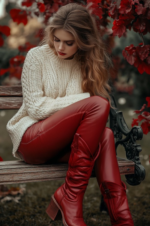 A woman wearing a cream knit sweater with red leather pants and red cowboy boots (2)