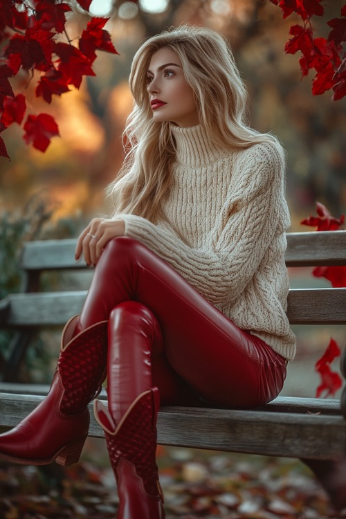 A woman wearing a cream knit sweater with red leather pants and red cowboy boots