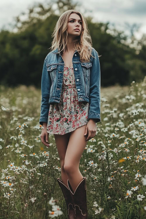 A woman wearing a floral midi dress with a denim jacket and brown cowboy boots, standing on a grassy field surrounded by blooming flowers (2)