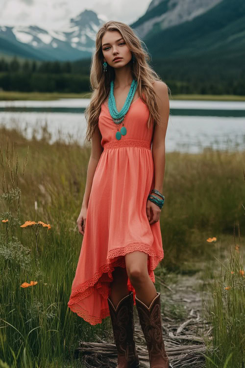 A woman wearing a flowy sleeveless dress in a bright coral color, accessorized with turquoise jewelry and brown cowboy boots (2)