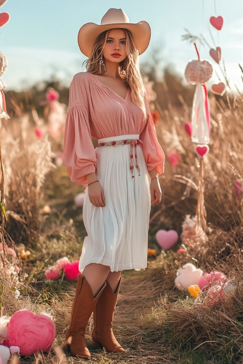 A woman wearing a pastel pink wrap blouse paired with a white maxi skirt and brown cowboy boots