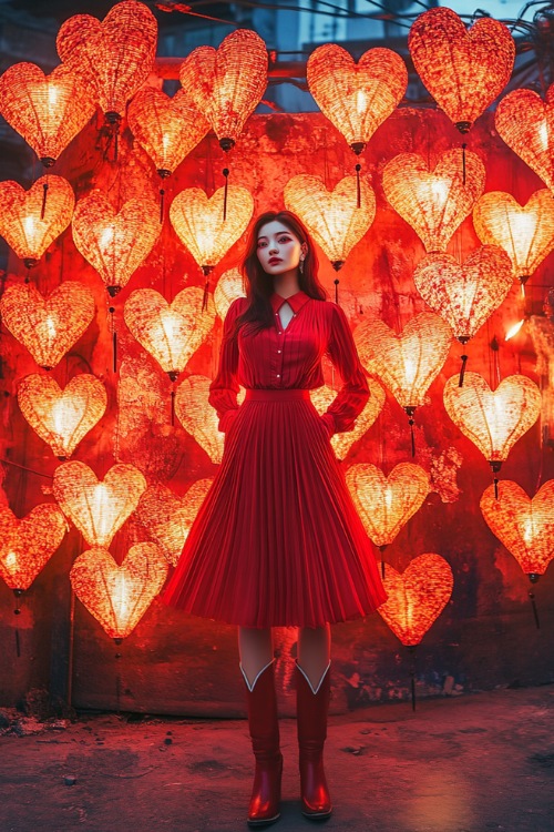 A woman wearing a red pleated midi skirt with a matching red blouse and red cowboy boots