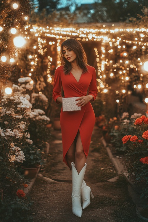 A woman wearing a red wrap dress paired with white cowboy boots, holding a small clutch