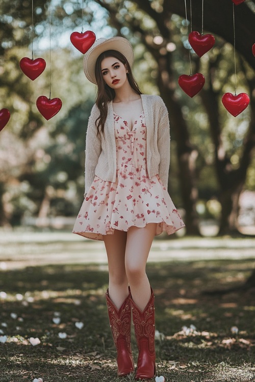 A woman wearing a soft pink floral dress with a beige cardigan and red cowboy boots (2)