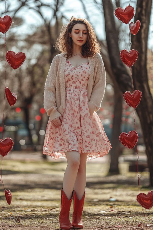 A woman wearing a soft pink floral dress with a beige cardigan and red cowboy boots