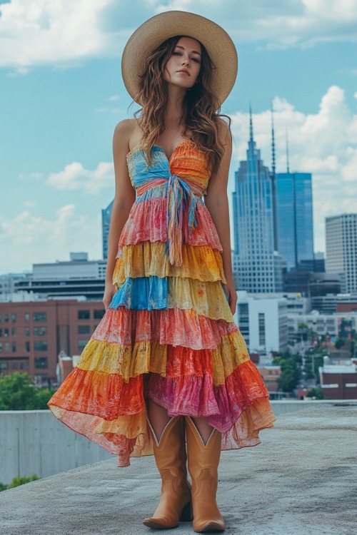 A woman wearing a tiered maxi dress in vibrant summer colors, paired with tan cowboy boots and a floppy hat