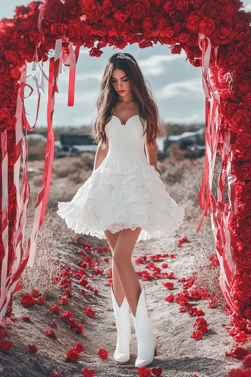 A woman wearing a white A-line dress with a sweetheart neckline and white cowboy boots