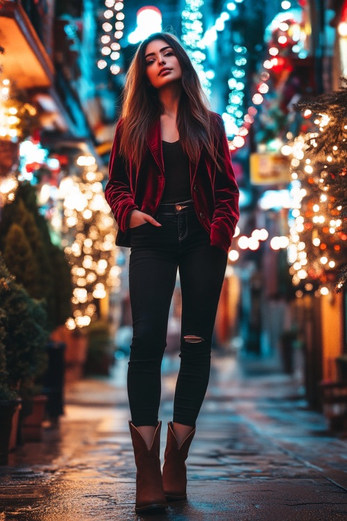 A woman wearing a wine-colored velvet blazer over black jeans and brown cowboy boots