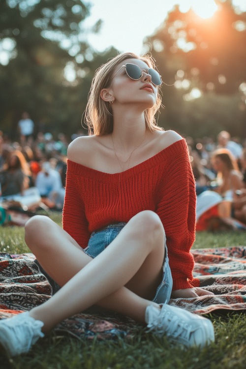 A woman wearing high-waisted denim shorts, a cropped red sweater, and white sneakers, sitting on a blanket during a casual outdoor concert