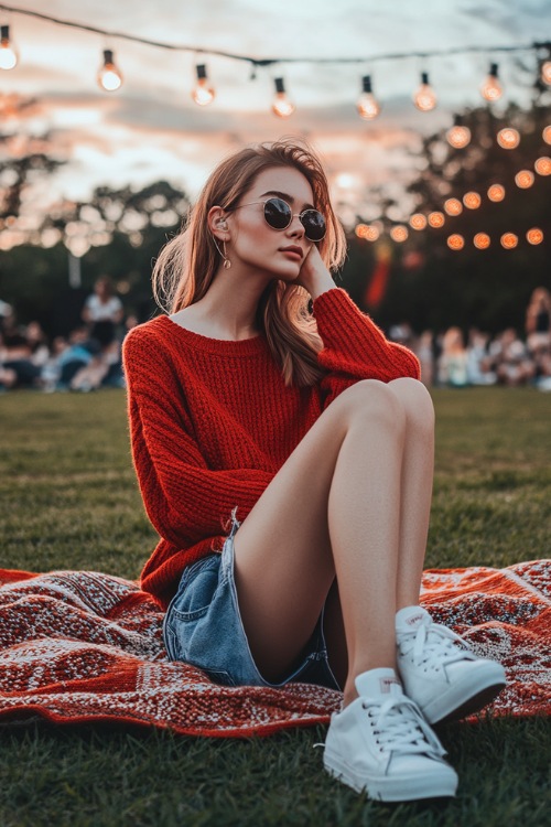 A woman wearing high-waisted denim shorts, a cropped red sweater, and white sneakers