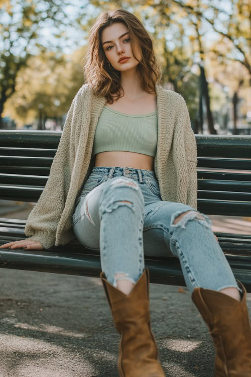 A woman wearing ripped mom jeans, a light green crop top, an oversized cardigan, and cowboy boots, seated on a bench in a lively park