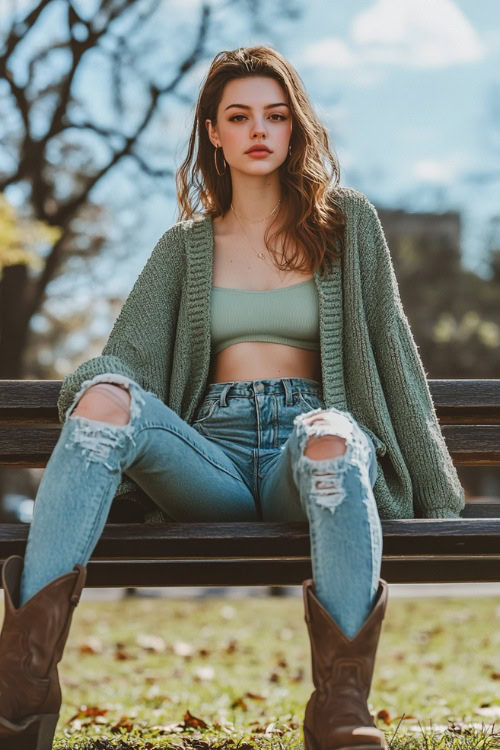 A woman wearing ripped mom jeans, a light green crop top, an oversized cardigan, and cowboy boots, seated on a bench in a lively park,