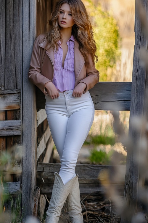 A woman wearing white skinny jeans, a lavender blouse, a cropped leather jacket, and beige cowboy boots