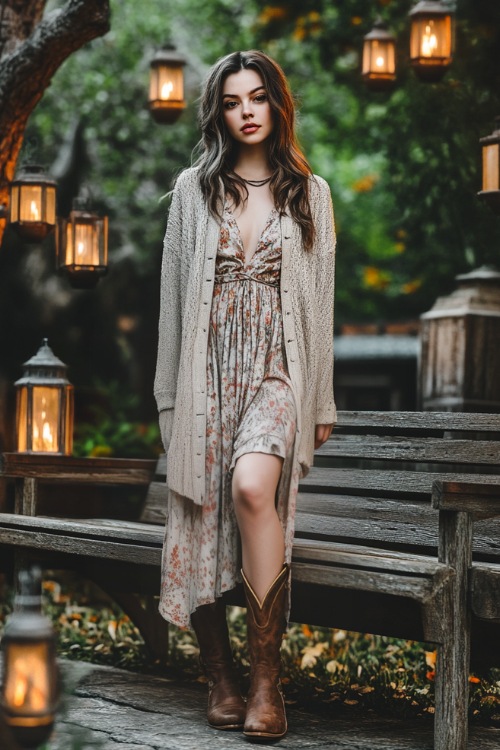 Chic woman in a long duster cardigan layered over a printed midi dress, paired with heeled cowboy boots, standing near a rustic bench surrounded by lanterns.