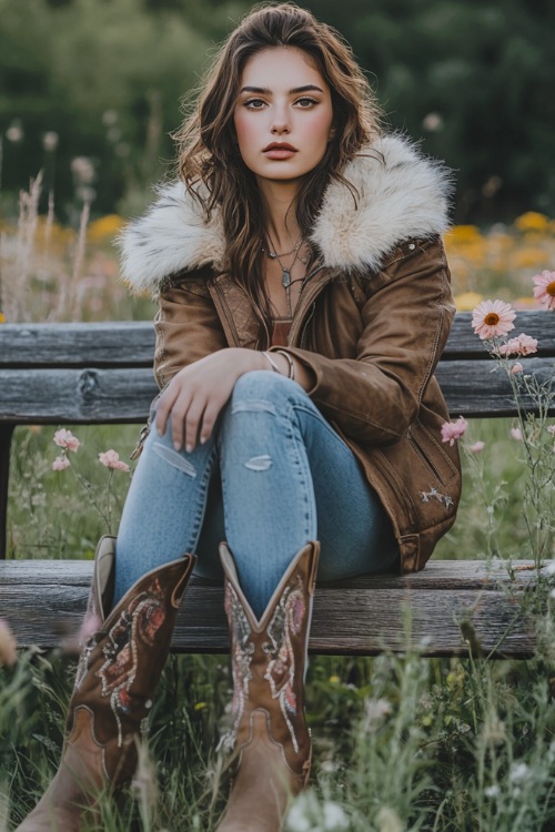 Stylish woman in a faux fur-trimmed parka over skinny jeans and embroidered cowboy boots, standing near a rustic concert bench with wildflowers.