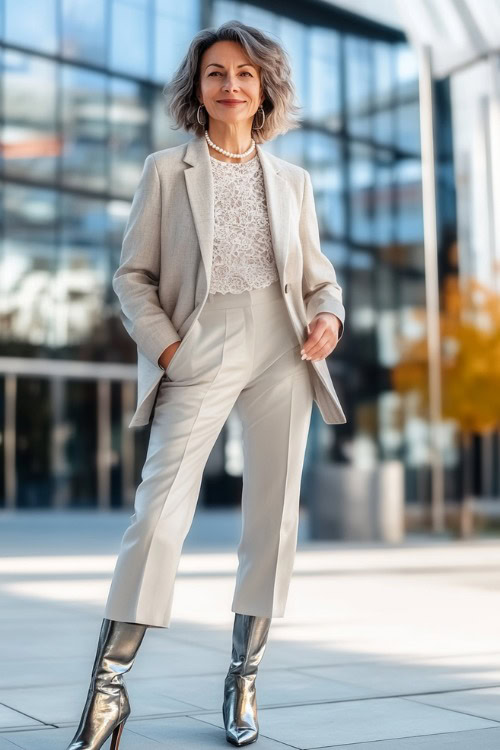 Stylish woman over 40 wearing a lace camisole layered under a fitted blazer, slim-fit trousers, and metallic pointed-toe boots, accessorized with a pearl necklace