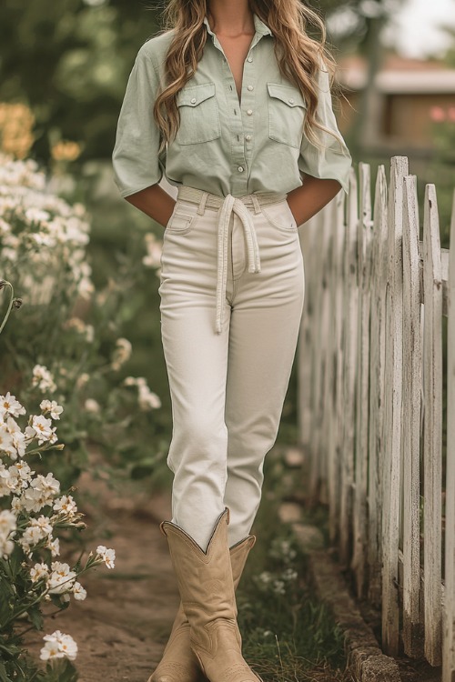 Woman in white capri pants, a sage green button-down shirt tied at the waist, and beige cowboy boots