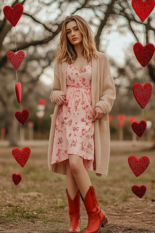 Woman wearing a soft pink floral dress with a beige cardigan and red cowboy boots