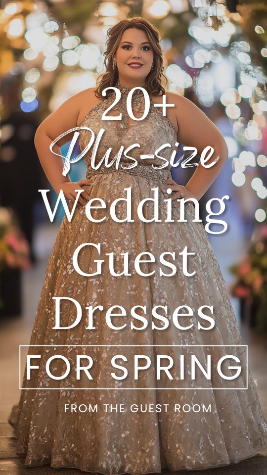 a plus size woman wears a long wedding guest dress for spring