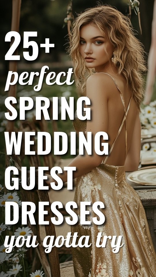 a woman wears a gold wedding guest dress for spring