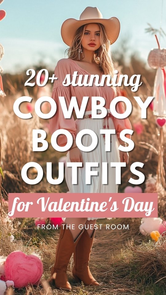 a woman wears a pink blouse, a white skirt and cowboy boots for Valentine's Day