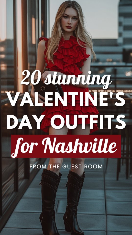 a woman wears a red ruffle dress with black boots for Valentine's Day in Nashville