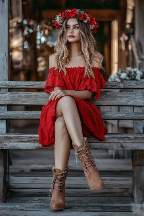 romantic boho outfit featuring a woman in a red off-shoulder midi dress, tan ankle boots, and a flower crown