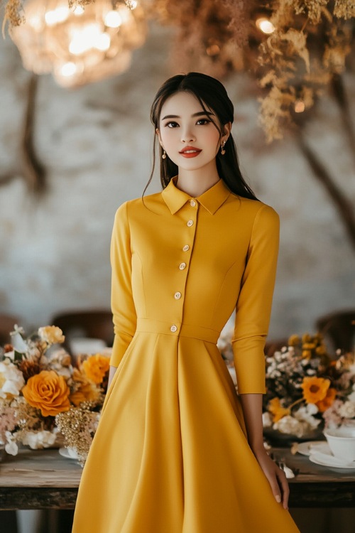 stylish woman in a sunflower yellow tea-length dress with a collared neckline, button-down detailing, and a flared skirt