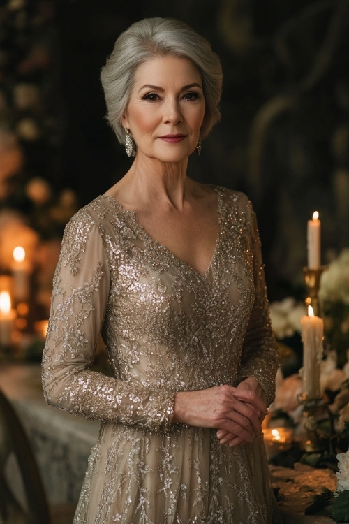 woman over 50 in a metallic champagne-colored maxi dress with long sheer sleeves, a sweetheart neckline, and intricate embroidery