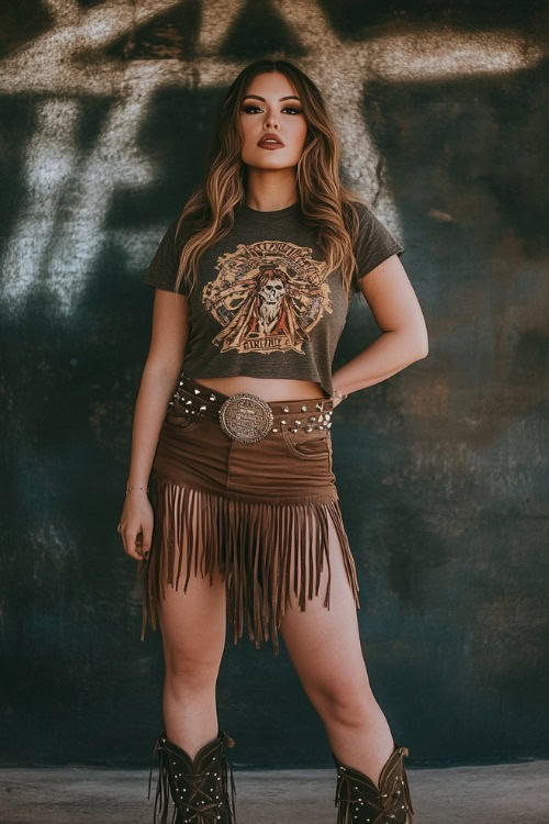 A Plus-size woman in a rockstar-inspired band tee knotted at the waist, paired with a suede fringe skirt and studded cowboy boots