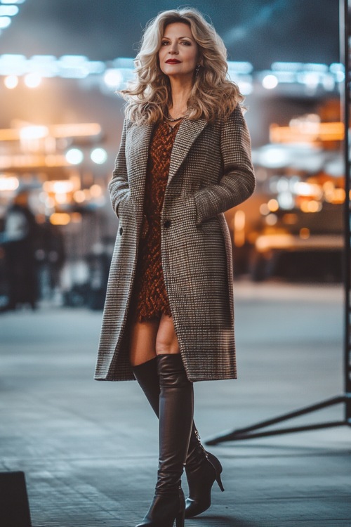 A classy woman over 40 in a tailored midi-length coat over a chic dress, wearing knee-high boots and carrying an elegant handbag at a concert venue (2)