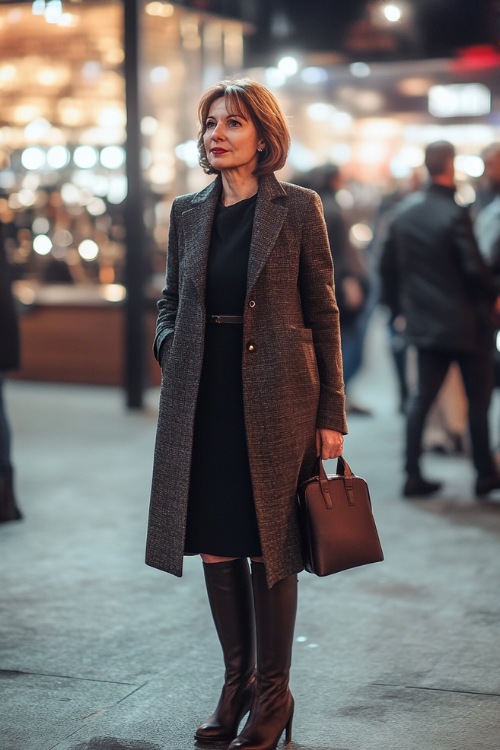 A classy woman over 40 in a tailored midi-length coat over a chic dress, wearing knee-high boots and carrying an elegant handbag at a concert venue