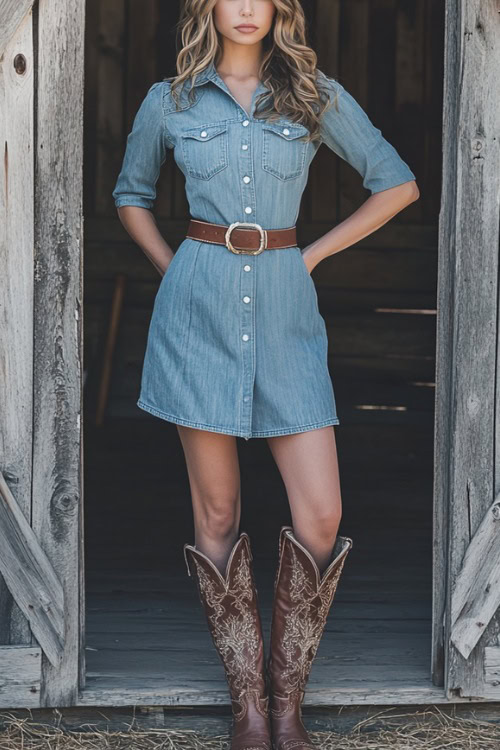 A confident woman in a chambray button-down dress, a wide belt, and knee-high cowboy boots, posing in front of a rustic wooden barn at a country concert