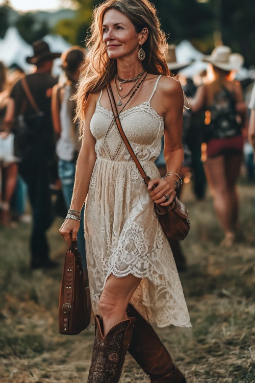 A confident woman over 40 in a boho-inspired lace dress with a cinched waist, styled with knee-high cowboy boots and a leather crossbody bag