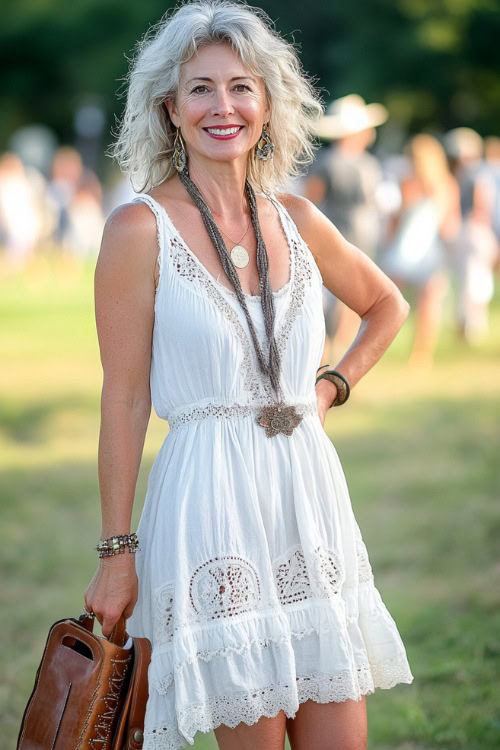 A confident woman over 40 in a flowy white sundress with western-inspired embroidery, paired with tall brown cowboy boots and a crossbody bag at a summer concert