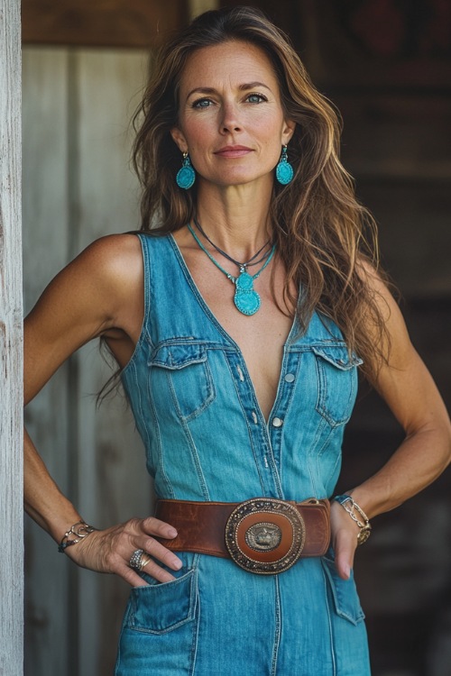 A confident woman over 40 in a lightweight sleeveless denim dress, cinched at the waist with a western belt, styled with cowgirl boots (2)