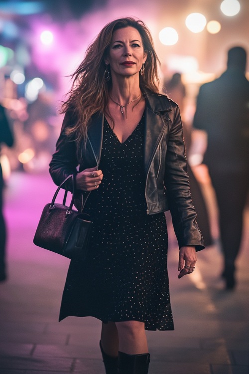 A confident woman over 40 in a tailored leather jacket over a stylish midi dress, accessorized with a chic crossbody bag and heeled boots at a concert