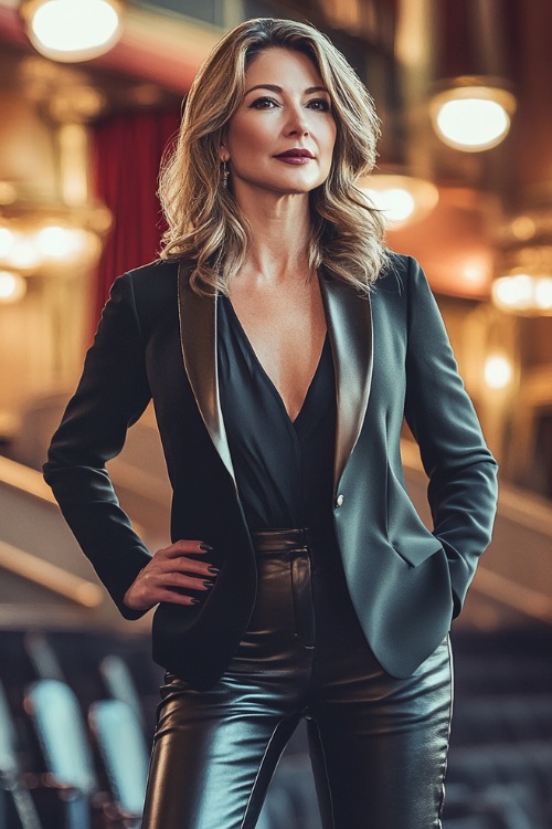 A confident woman over 40 wearing a black tailored blazer with a satin lapel, a chic silk blouse, and fitted leather pants