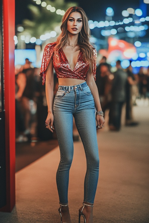 A confident woman wearing a sequin-embellished wrap top with straight-leg jeans, accessorized with ankle-strap heels and a chic clutch