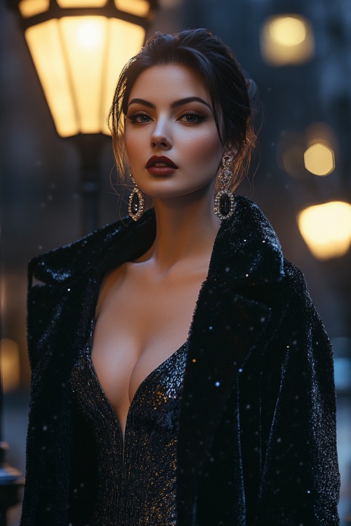 A fashionable woman in a velvet bodycon dress with an oversized coat and statement earrings, posing under a streetlamp in the city