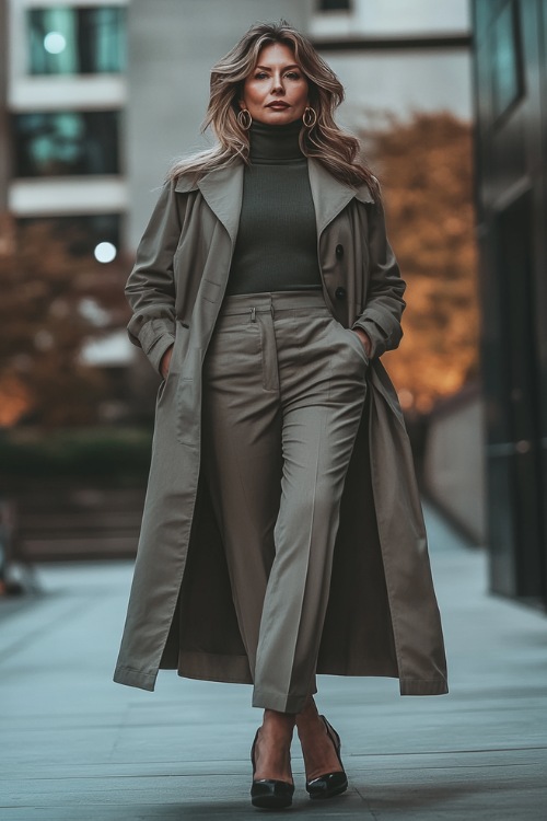 A fashionable woman over 40 wearing a fitted turtleneck, wide-leg trousers, and a long trench coat