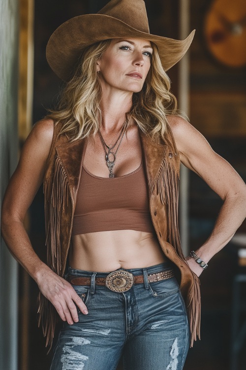 A fashionable woman over 40 wearing a suede fringe jacket over a fitted tank top, distressed skinny jeans, and brown cowboy boots (2)