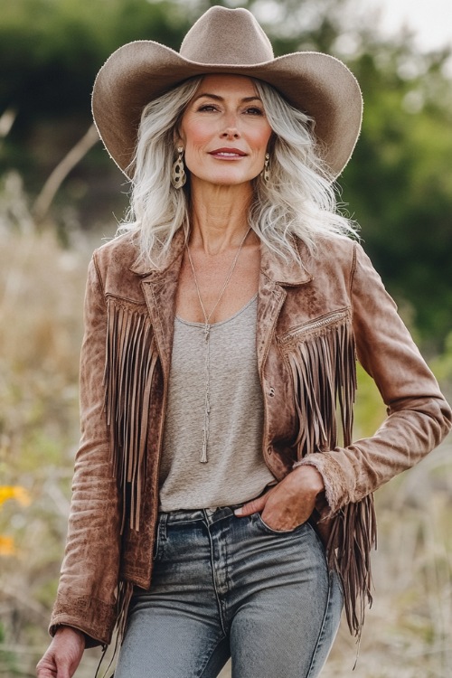 A fashionable woman over 40 wearing a suede fringe jacket over a fitted tank top, distressed skinny jeans, and brown cowboy boots