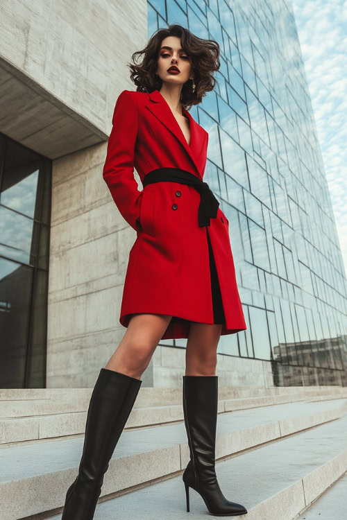 A fashionable woman wearing a structured red blazer dress with belted waist, paired with black ankle boots and a mini handbag