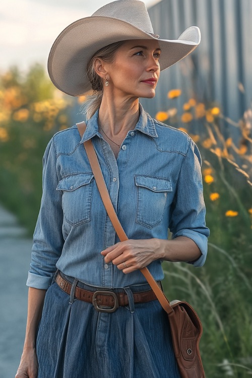 A mature woman in a chic country look, featuring a button-up chambray shirt tucked into a high-waisted A-line midi skirt, styled with cowboy boots and a crossbody bag