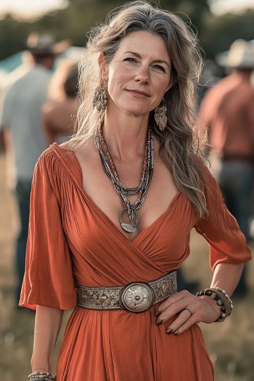 A mature woman in a rust-colored wrap dress with a concho belt, paired with classic cowboy boots, looking elegant at a country concert