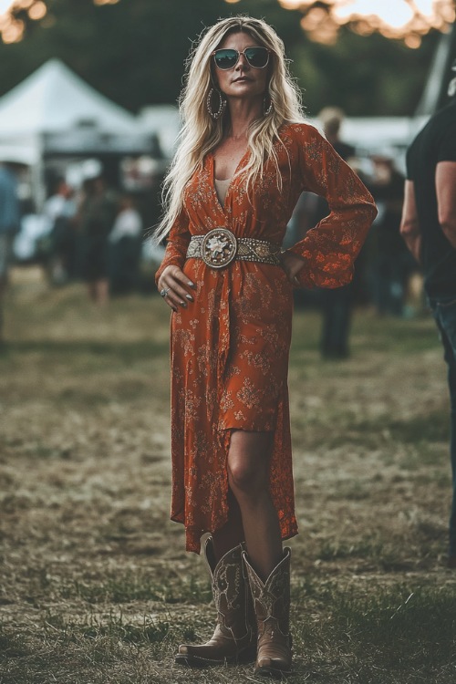 A mature woman in a rust-colored wrap dress with a concho belt, paired with classic cowboy boots, looking elegant at a country concert