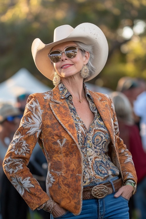 A mature woman in a western-inspired blazer over a fitted top, high-waisted bootcut jeans, and embroidered cowboy boots